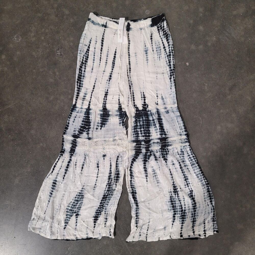 Step In Style Pants OS White Black Tie Dye Palazzo Wide Leg Hippie Boho Sheer